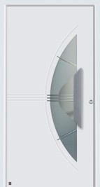 Hormann ThermoSafe Entrance Door - Style 553, white with crescent glazed section and semi-circle handle shape